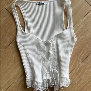 Zara Cream Ribbed Tank with Lace Detail